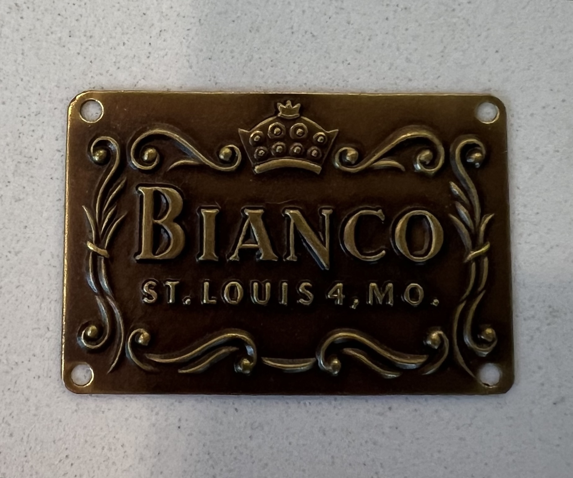 Original Bianco metal nameplate from St. Louis Missouri